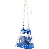SCORE! Clear Sarah Jean Designer Crossbody Polka Dot Boho Bucket Bag- Royal Blue & White