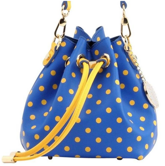Small Crossbody Polka dot BoHo Bucket Bag- Royal Blue and Gold Yellow