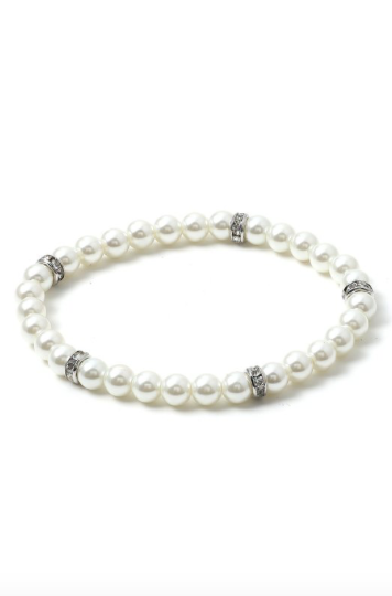 Silver Crystal Rhinestone Links on White Pearl Single Strand Bracelet