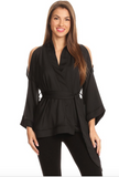Cold shoulder kimono-wrap blouse P2014