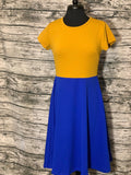 Women's Short Sleeve Scoop Neck Dress Gold Blue Color Block